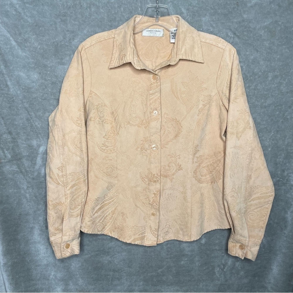 Lemon Grass Studio Faux Suede Embossed Paisley Button Up Shirt Tan Petite Medium